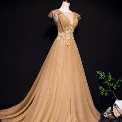 Gold Tulle Long Party Gown With Applique, Elegant..