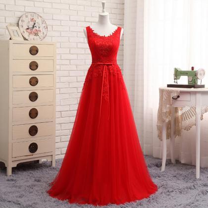 Red Lace Applique Tulle Long Formal Gown, Red..