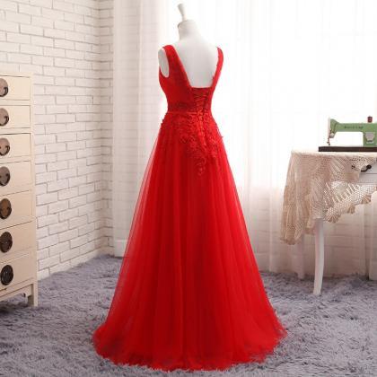 Red Lace Applique Tulle Long Formal Gown, Red..