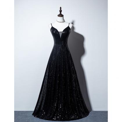 Black Sequins V-neckline Beautiful Prom Dress..