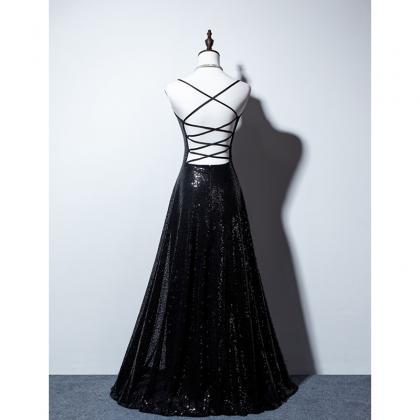 Black Sequins V-neckline Beautiful Prom Dress..