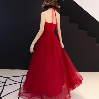 Wine Red Tulle Halter Charming Formal Gown, Prom..