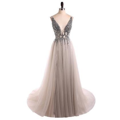 Grey Tulle V-neckline Beaded Party Gown, Handmade..