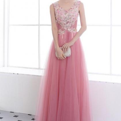 Pink V-neckline Tulle With Applique Long Prom..
