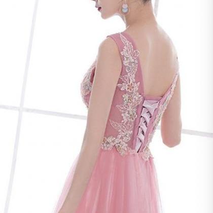Pink V-neckline Tulle With Applique Long Prom..
