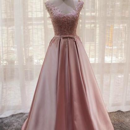 Pink Satin A-line Floor Length With Bow, Satin And..