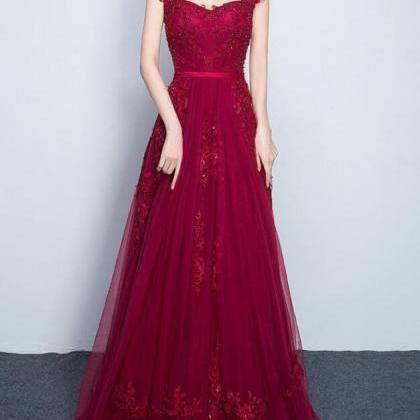 Beautiful Wine Red Tulle Straps Long Party Dress,..