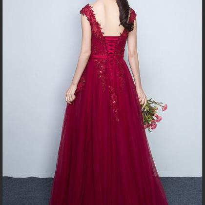 Beautiful Wine Red Tulle Straps Long Party Dress,..