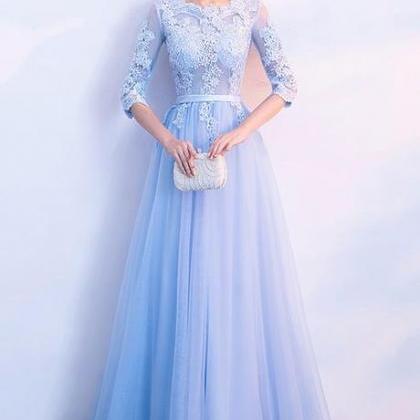 Charming Blue Long Tulle With Applique Evening..