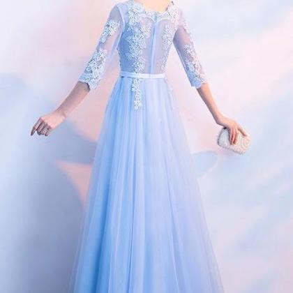Charming Blue Long Tulle With Applique Evening..
