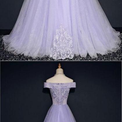 Lavender Off Shoulder Lace And Tulle Party Dress..
