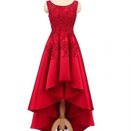 Red Satin High Low Round Neckline Party Dress..