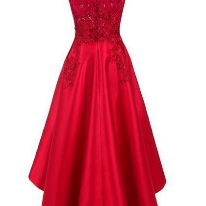 Red Satin High Low Round Neckline Party Dress..