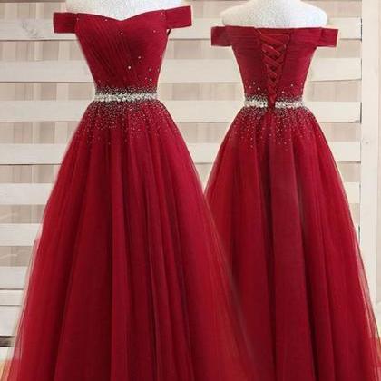 Wine Red Tulle Long Evening Gown, Charming Junior..