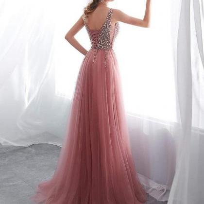 Pink Beaded V-neckline Slit Prom Dress 2019,..