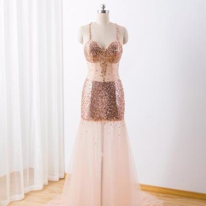 Sexy Gold Sequins See Through Straps Formal Dress..