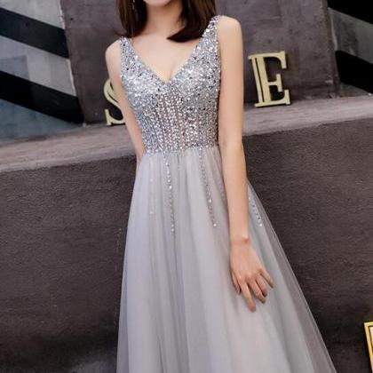 Grey Tulle And Beaded V-neckline Prom Dress,..