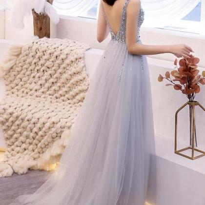 Grey Tulle And Beaded V-neckline Prom Dress,..