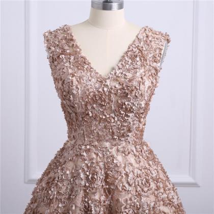 Beautiful Lace Champagne V-neckline Long Party..