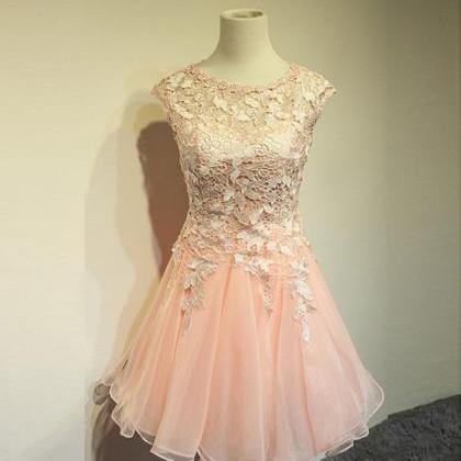 Cute Pink Knee Length Lace Top Party Dress, Women..