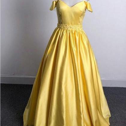 Yellow Satin Party Dress 2019, Long Formal Gown..