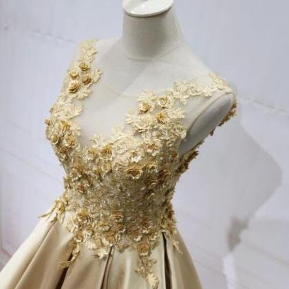 Light Champagne Satin Long With Lace Applique..