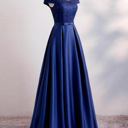 Beautiful Navy Blue Satin Long Party Dress 2019,..