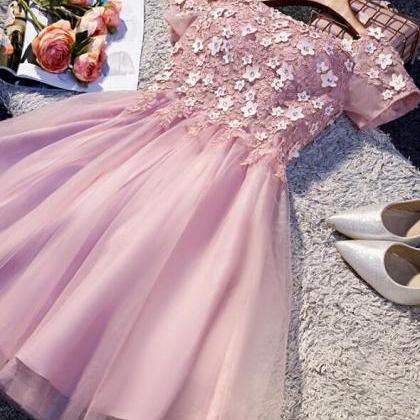 Cute Pink Tulle Short Dress, Tulle Party Dress..