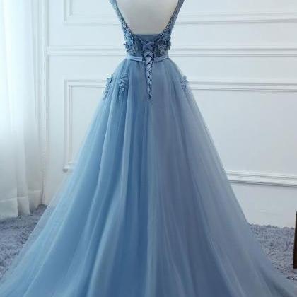 Beautiful Blue Long Tulle Prom Dress With Lace..