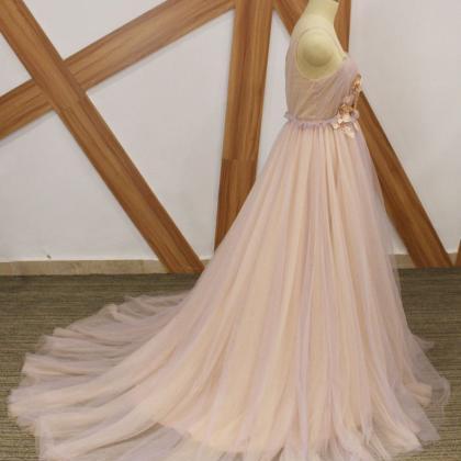 Gorgeous Pink Floral Tulle Long Straps Formal..
