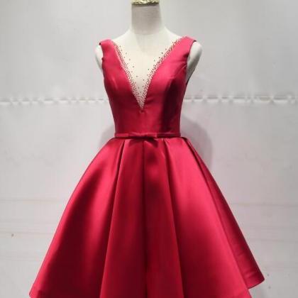 Red Satin Knee Length Party Dress 2019, Charming..
