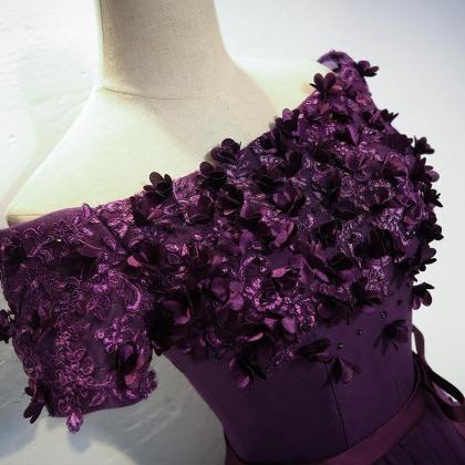 Dark Purple Flowers And Lace Tulle Party Dress,..