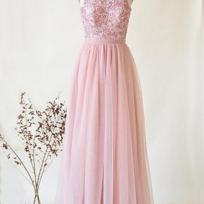 Pink Tulle And Lace Halter Elegant Party Dress,..