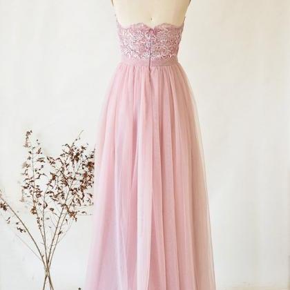 Pink Tulle And Lace Halter Elegant Party Dress,..