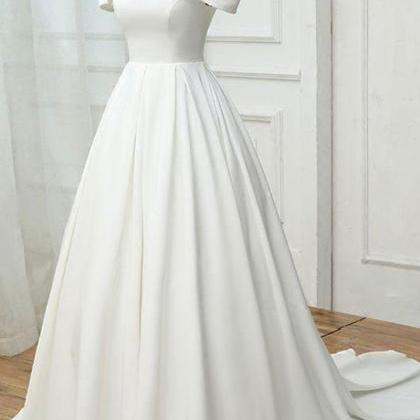White Satin Off Shoulder Long Party Gowns, White..