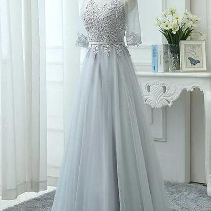 Grey Long Party Dress With Short Sleeves Formal..