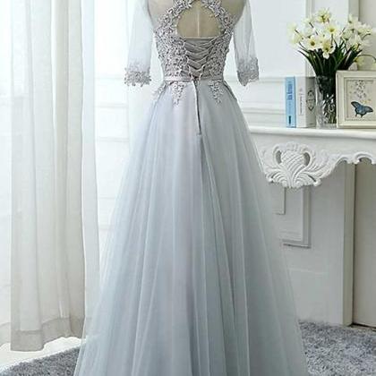 Grey Long Party Dress With Short Sleeves Formal..