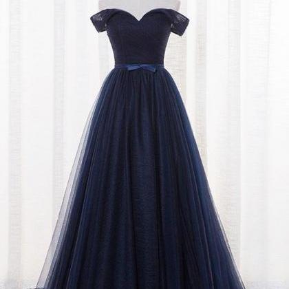 Navy Blue Off Shoulder Bridesmaid Dress, Simple..