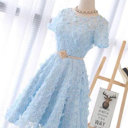Blue Lace Short Party Dress With Belt, Knee Length..