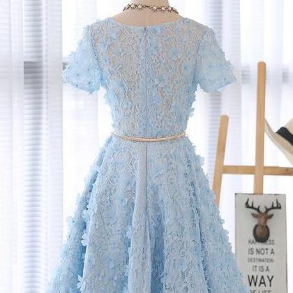 Blue Lace Short Party Dress With Belt, Knee Length..