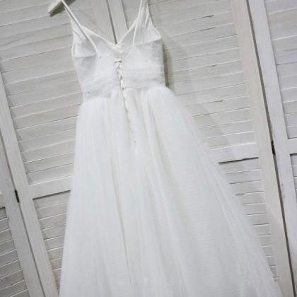 White Simple Tulle Tea Length Bridal Dress,..