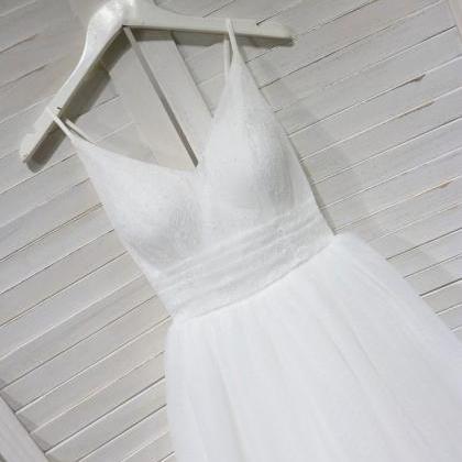 White Simple Tulle Tea Length Bridal Dress,..