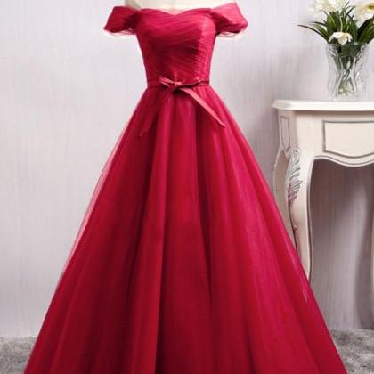 Dark Red Tulle Off Shoulder Style Long Party..