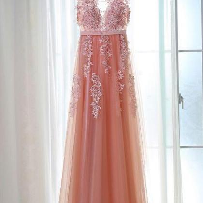 Pink Tulle Elegant Long Prom Dress, Pink..
