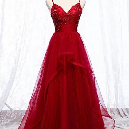 Pretty Dark Red Straps Long Prom Dresses, Beaded..