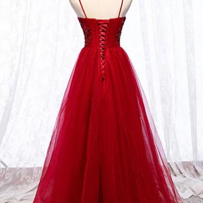 Pretty Dark Red Straps Long Prom Dresses, Beaded..