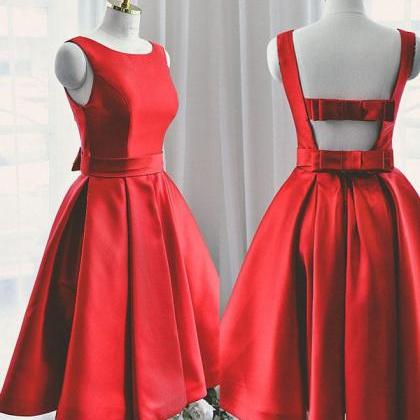 Red Satin Short Party Dress With Bow, Red..
