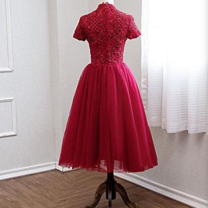 Dark Red Halter Tulle Cap Sleeves Formal Dresses,..