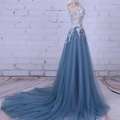 Blue Tulle Long Party Dress, A-line Formal Gowns..