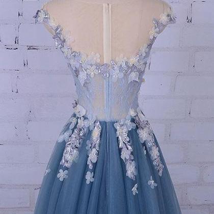 Blue Tulle Long Party Dress, A-line Formal Gowns..